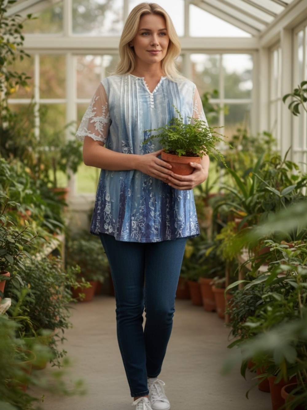 Blue top with short sheer sleeves, Plus size 2XL, NWT